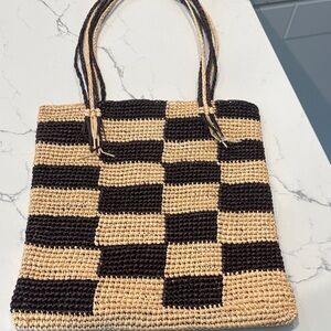 Checkerboard Woven Tote Bag in Black and Natural